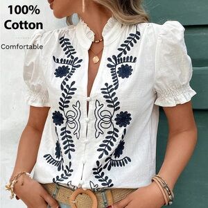 ❤️Hello Gorgeous! Embroidered Frill Notched Short Sleeve Blouse - White Cotton
